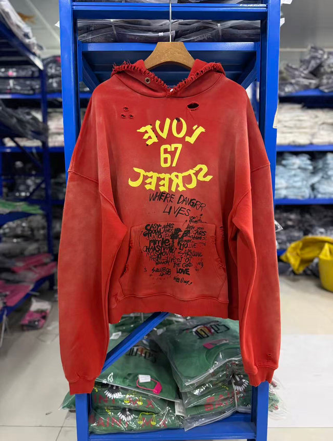 Play Hollywood Vintage‑Wash Red Cropped Pullover Oversized Hoodie Hover Image