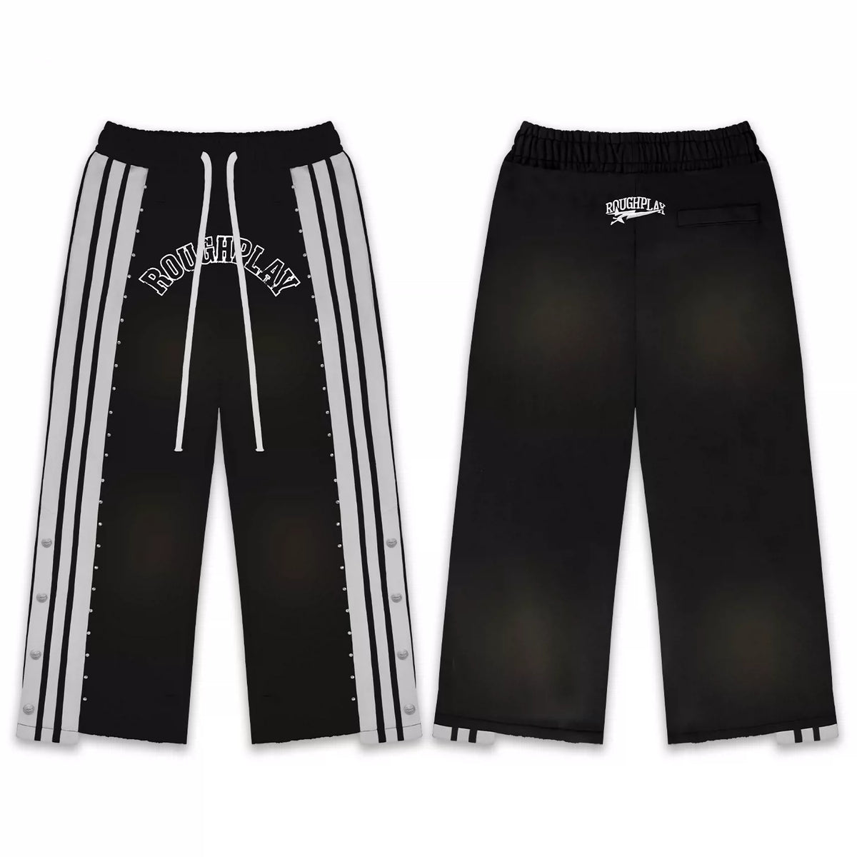Roughplay Black Side‑Stripe Snap Button Wide Leg Sweatpants
