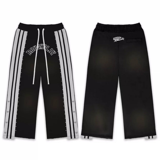 Roughplay Black Side‑Stripe Snap Button Wide Leg Sweatpants Hover Image