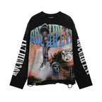 Roughplay Statue Of Liberty Sunset Rhinestone‑Style Vintage Distressed Long Sleeve T‑Shirt
