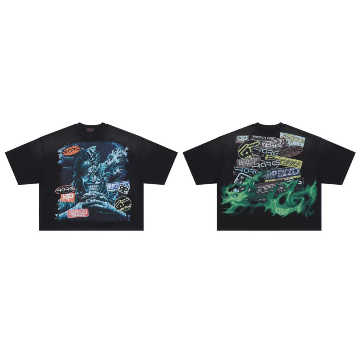 ROUGHPLAY Rare Villain Character Sticker Bomb Green Flame Boxy Cropped T‑Shirt