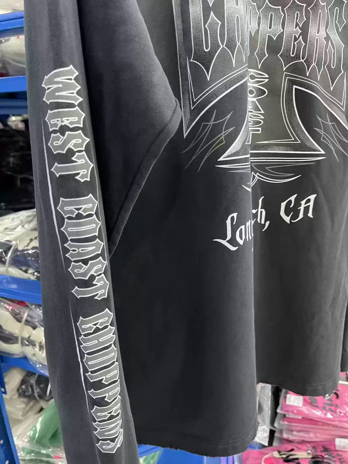 West Coast Choppers Front‑Back‑Sleeve Cross‑Logo Vintage Wash Long‑Sleeve Tee Black‑Blue