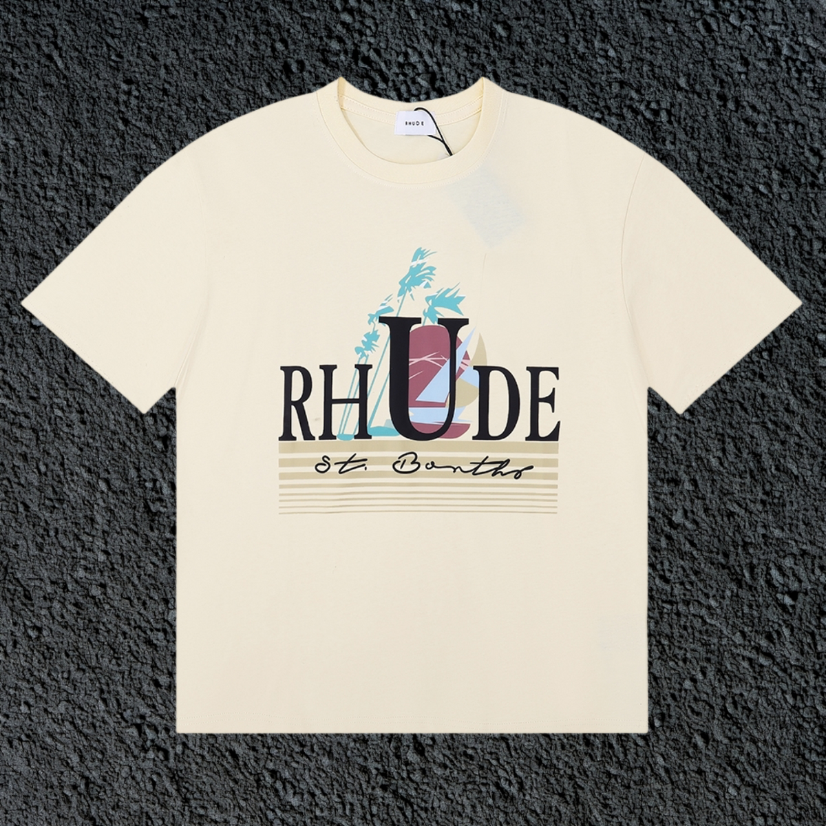 Rhude St Barts Palm Retro Striped Logo Cream Oversized T‑Shirt