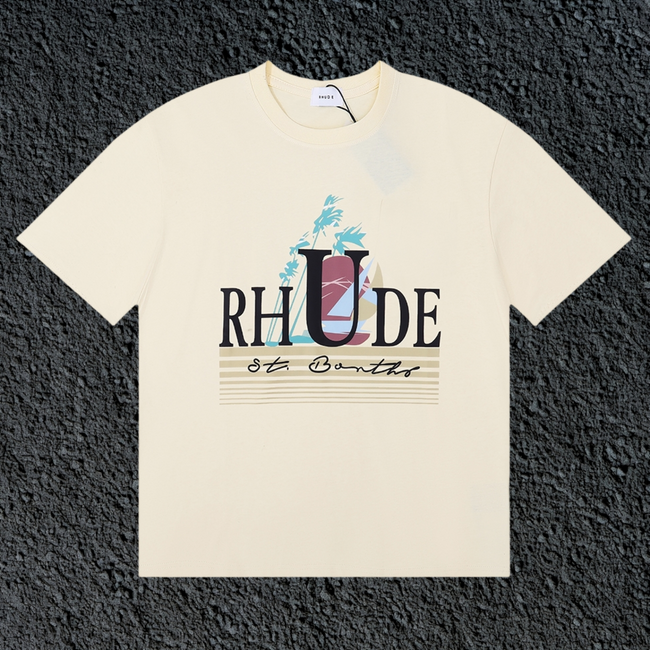 Rhude St Barts Palm Retro Striped Logo Cream Oversized T‑Shirt Hover Image