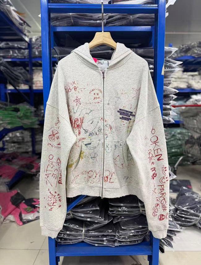 Play Hollywood Vintage‑Wash Heather Gray Zip‑Up Oversized Hoodie Hover Image
