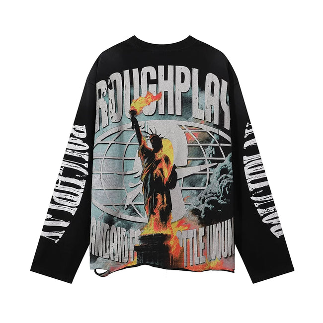 Roughplay Statue Of Liberty Sunset Rhinestone‑Style Vintage Distressed Long Sleeve T‑Shirt Main Image