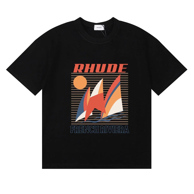 Rhude French Riviera Sailboat Retro Summer Black Oversized T‑Shirt Hover Image