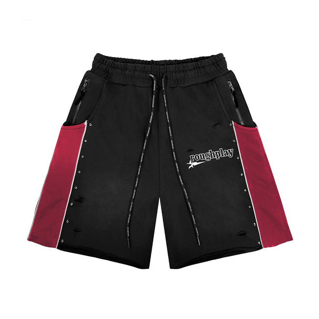 Roughplay Color‑Block Rivet Distressed Sweat Shorts Hover Image