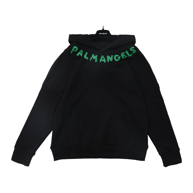 Palm Angels Curved Neckline Logo Embroidered Hoodie - Black/Green Hover Image