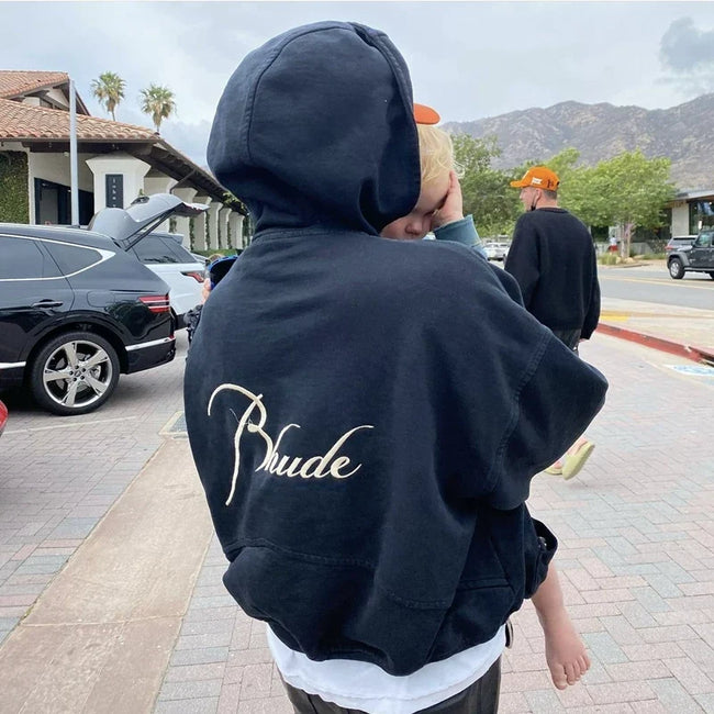 RHUDE Cursive Script Back Logo Pullover Hoodie Black Hover Image