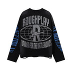 Roughplay Sun Tongue Logo Relax Skeleton Mushroom Vintage Distressed Long Sleeve T‑Shirt