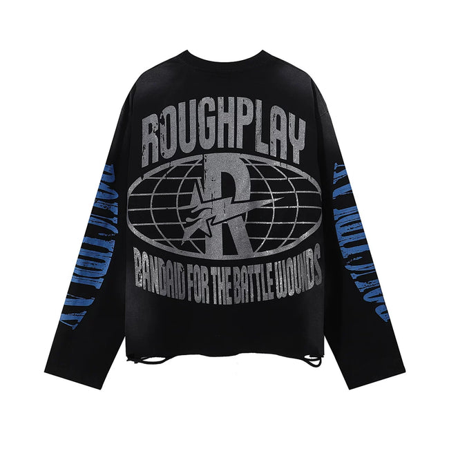 Roughplay Sun Tongue Logo Relax Skeleton Mushroom Vintage Distressed Long Sleeve T‑Shirt Main Image