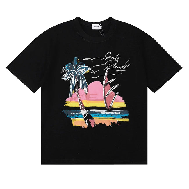 Rhude Sunset Beach Palm Sailboat Coastal Vintage Black Oversized T‑Shirt Hover Image