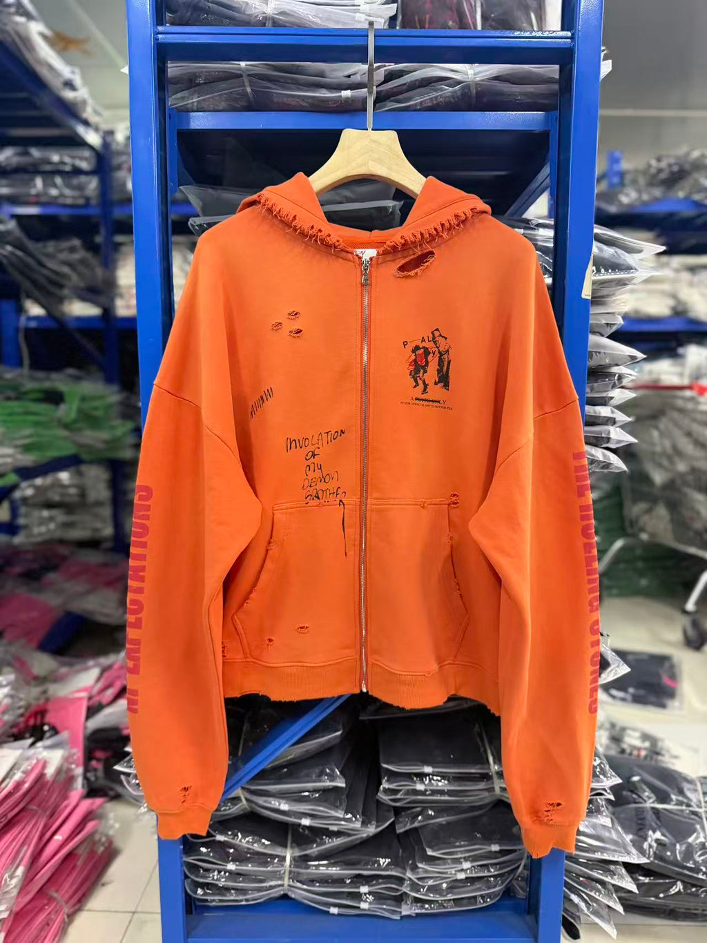 Play Hollywood Vintage‑Wash Orange Zip‑Up Oversized Hoodie