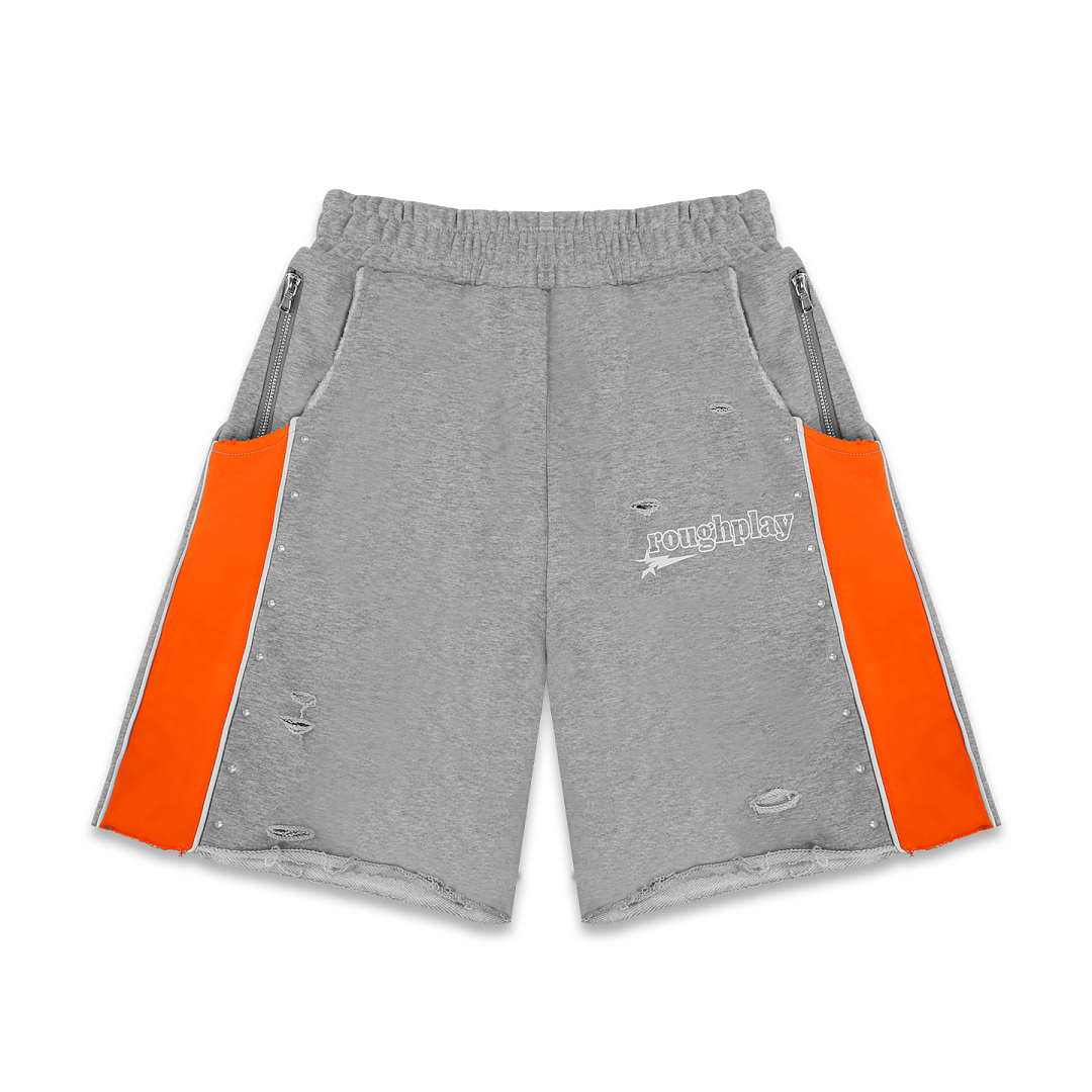 Roughplay Grey‑Orange Color‑Block Rivet Distressed Raw‑Hem Sweat Shorts