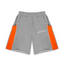 Roughplay Grey‑Orange Color‑Block Rivet Distressed Raw‑Hem Sweat Shorts