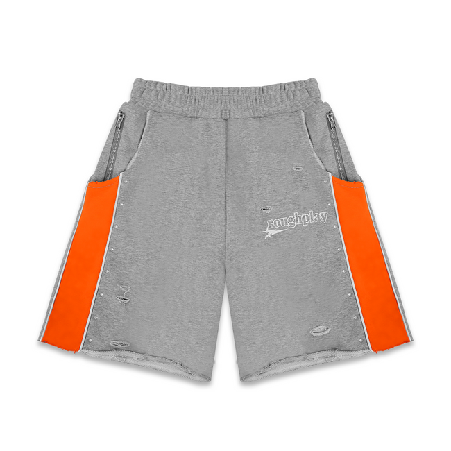 Roughplay Grey‑Orange Color‑Block Rivet Distressed Raw‑Hem Sweat Shorts Hover Image