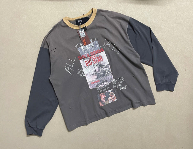 Play Hollywood Vintage‑Wash Grey Cropped Long Sleeve T‑Shirt Hover Image