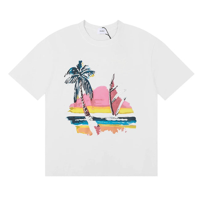Rhude Sunset Beach Palm Sailboat Coastal Vintage White Oversized T‑Shirt Hover Image