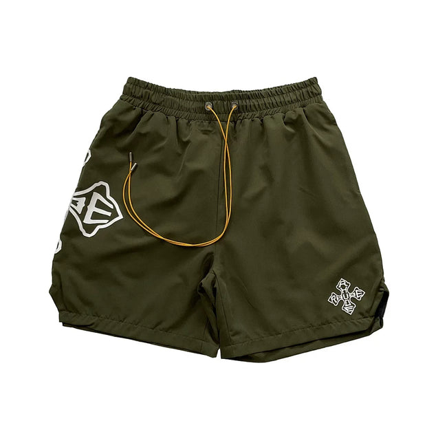 Rhude Cross Graphic Olive Green Nylon Shorts Hover Image