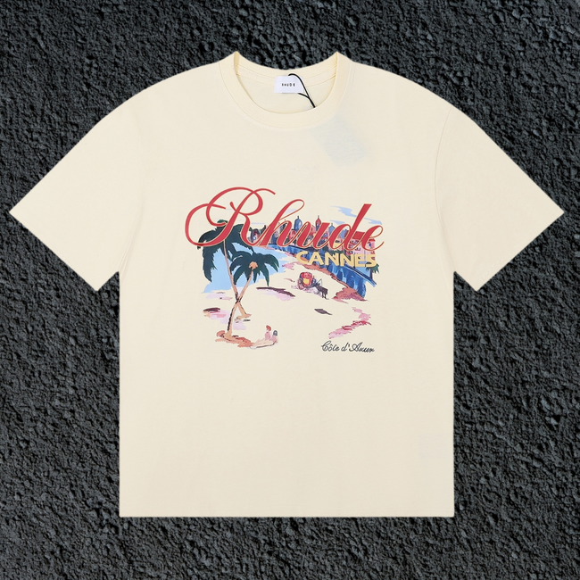 Rhude Cannes Tropical Beach Scene Script Cream Oversized T‑Shirt Hover Image