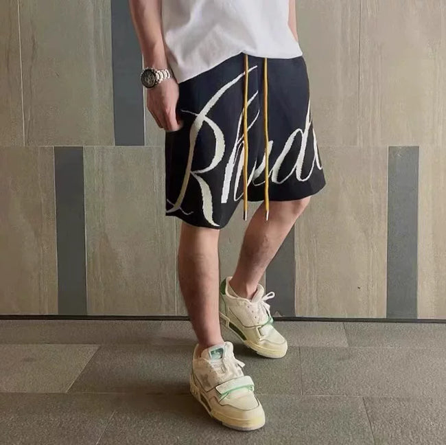 RHUDE niche American high street fashion brand summer letter big logo jacquard loose knitted yarn five quarter shorts Hover Image