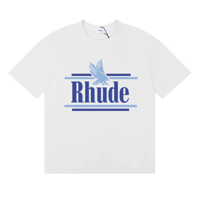 Rhude Eagle Graphic Blue Logo White Oversized T‑Shirt Hover Image