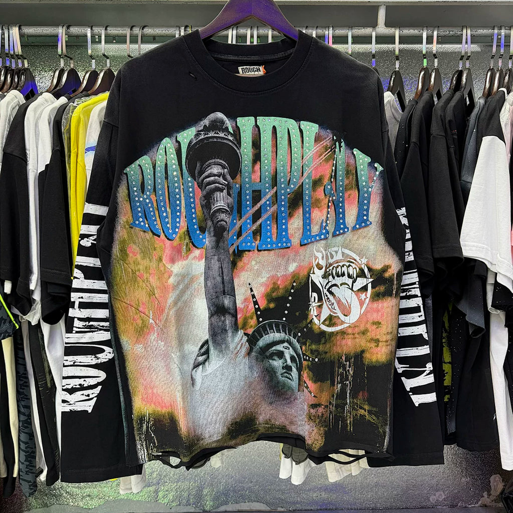 Roughplay Statue Of Liberty Sunset Rhinestone‑Style Vintage Distressed Long Sleeve T‑Shirt