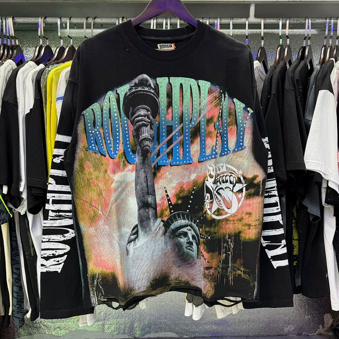 Roughplay Statue Of Liberty Sunset Rhinestone‑Style Vintage Distressed Long Sleeve T‑Shirt