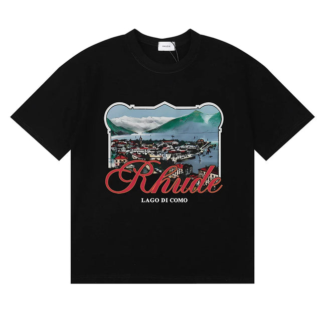 Rhude Coastal Town Postcard Scenery Red Script Logo Black Oversized T‑Shirt Hover Image