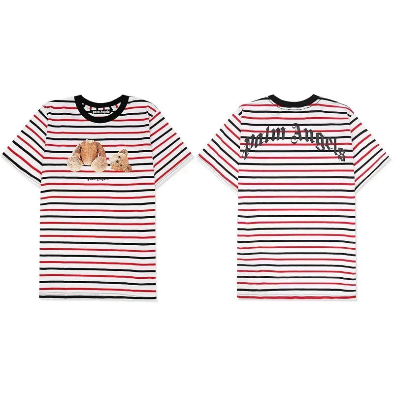 Palm Angels Striped Bear Graphic T-Shirt - Red/White/Black