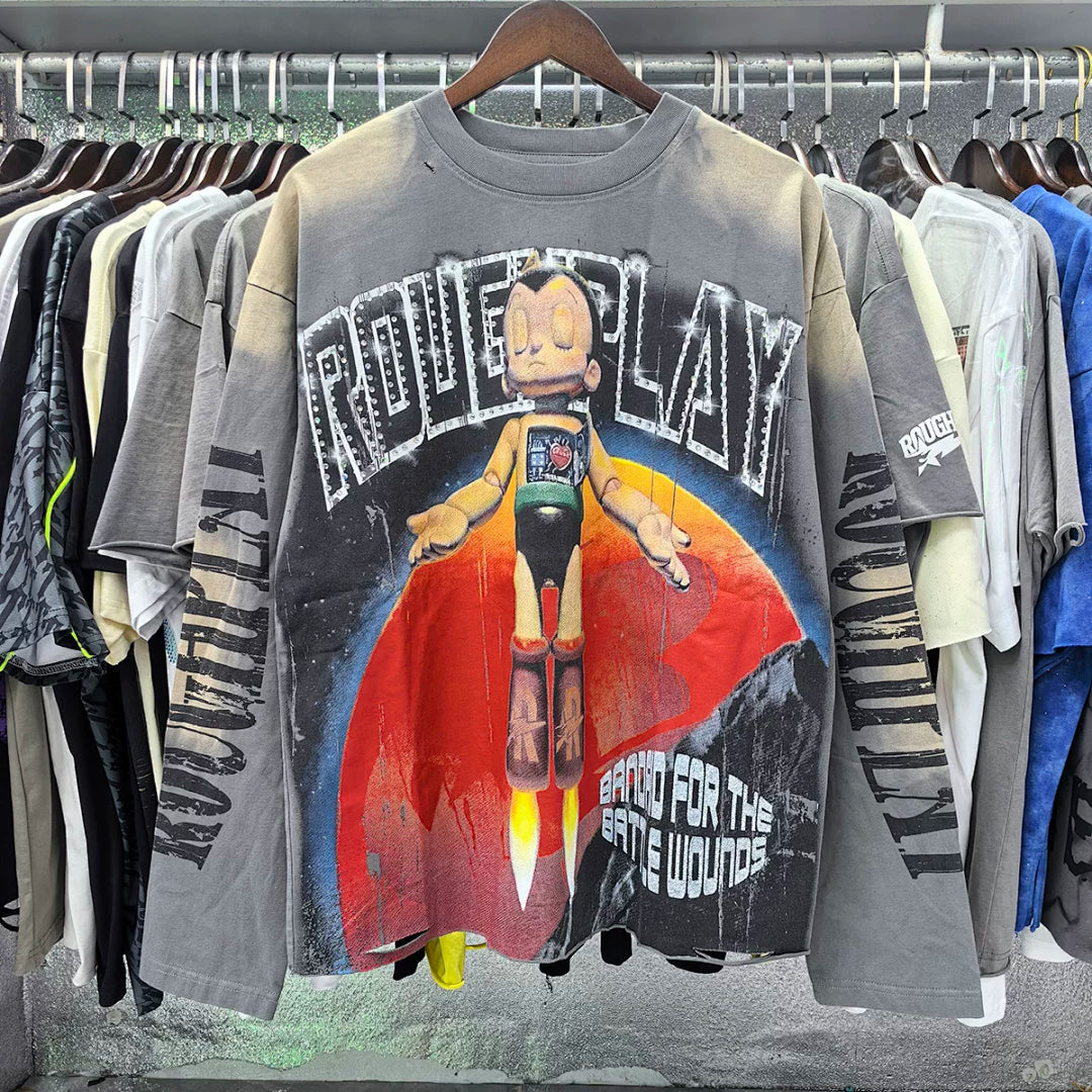 Roughplay Astro Boy Rocket Vintage Acid Wash Distressed Long Sleeve T‑Shirt