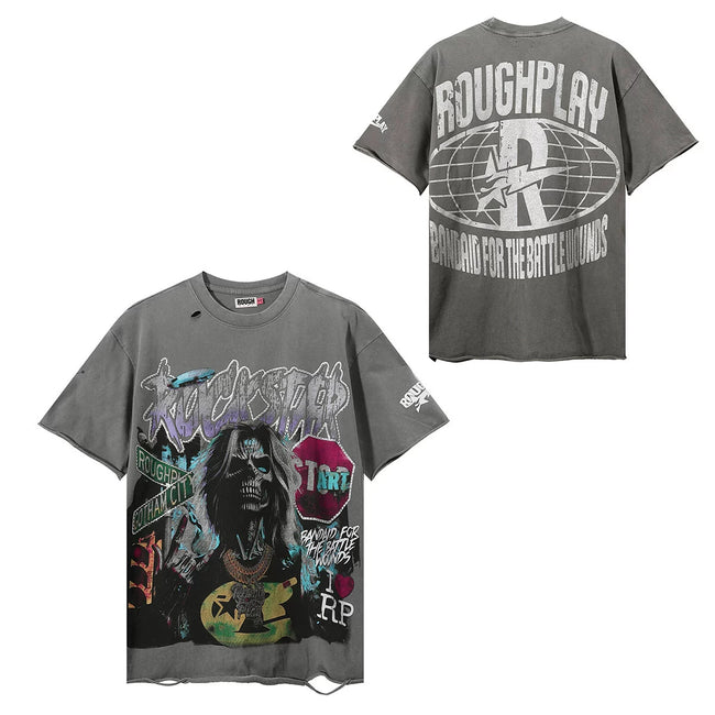Roughplay Grey Washed Raw‑Edge Boxy Cropped T‑Shirt Hover Image