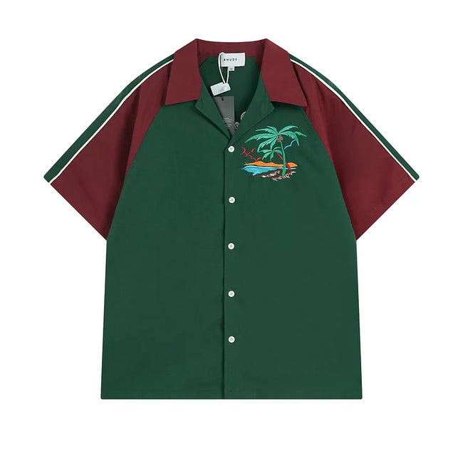 Rhude Palm Beach Embroidered Color‑Block Bowling Shirt Green Burgundy Hover Image