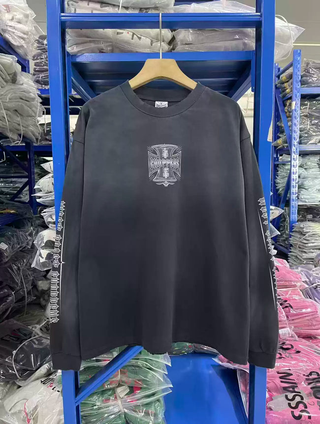West Coast Choppers Front‑Back‑Sleeve Cross‑Logo Vintage Wash Long‑Sleeve Tee Black‑Blue Hover Image