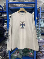 West Coast Choppers Flame‑Cross Sleeve‑Script Print Heather Beige Long‑Sleeve Tee