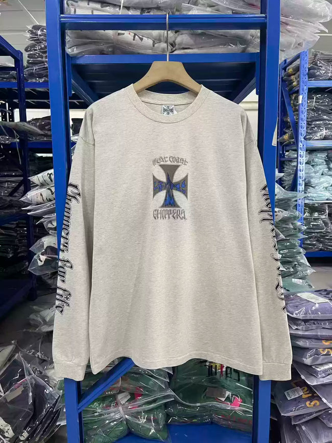 West Coast Choppers Flame‑Cross Sleeve‑Script Print Heather Beige Long‑Sleeve Tee Hover Image
