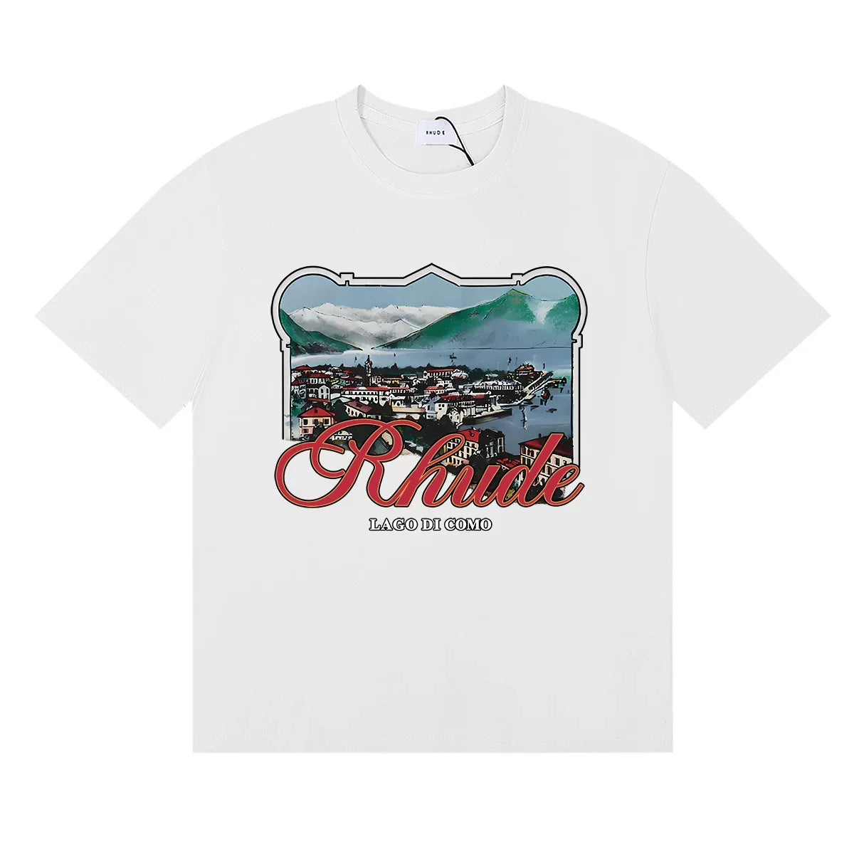 Rhude Coastal Town Postcard Scenery Red Script Logo White Oversized T‑Shirt