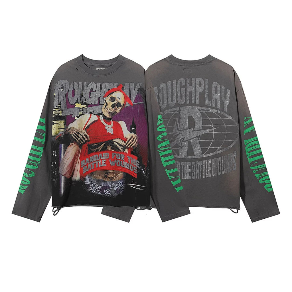 Roughplay Hip‑Hop Skeleton City Skyline Vintage Distressed Long Sleeve T‑Shirt