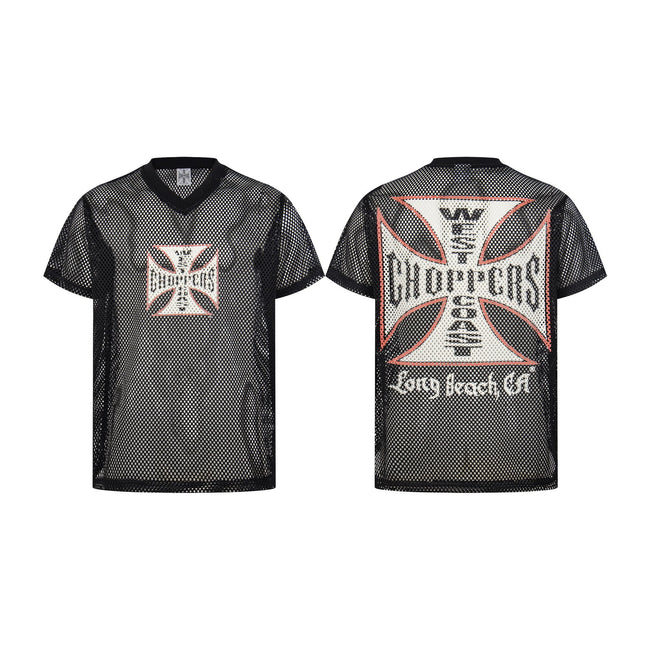 West Coast Choppers Contrast‑Trim Mesh V‑Neck Jersey Front‑Back Cross Logo Oversized Streetwear Tee Hover Image