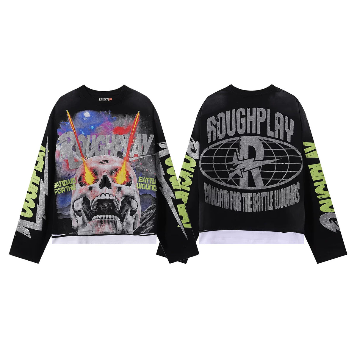 Roughplay Laser Eye Skull Cosmic Galaxy Vintage Distressed Long Sleeve T‑Shirt