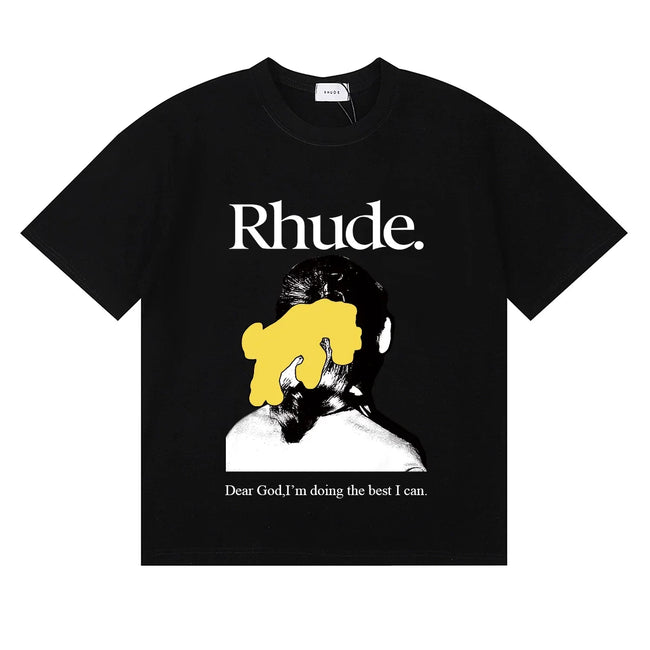 Rhude Dear God Portrait Text Quote Black Oversized T‑Shirt Hover Image