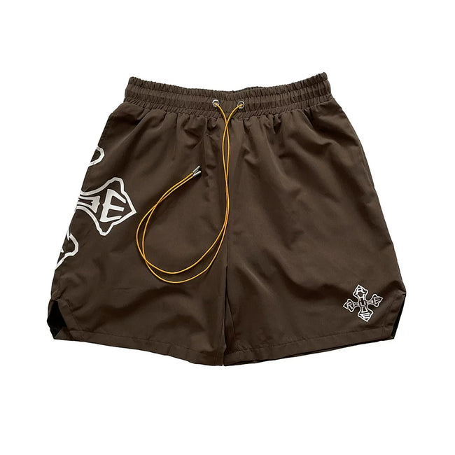 Rhude Cross Graphic Brown Nylon Shorts Hover Image