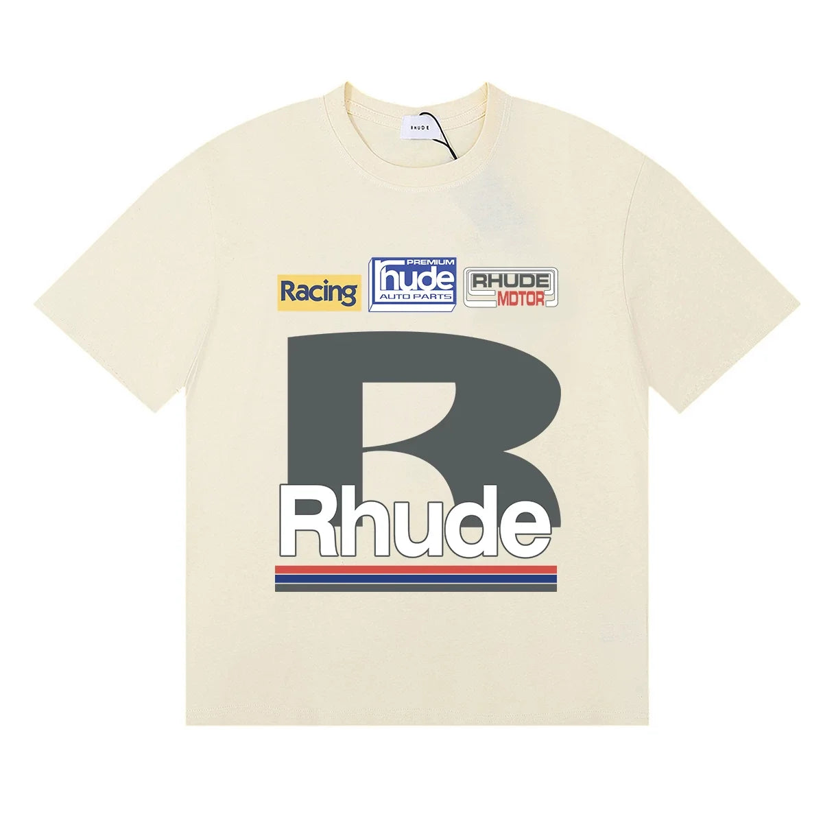 Rhude Big B Letter Racing Badge Patch‑Style Cream Oversized T‑Shirt