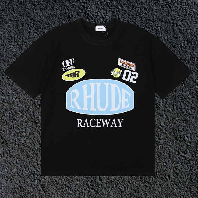 Rhude Raceway Multi‑Patch Racing Badge Black Oversized T‑Shirt Hover Image