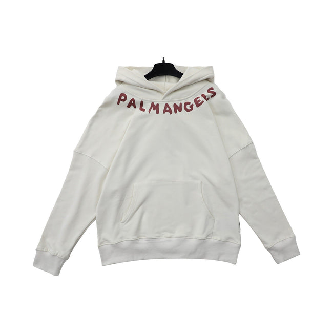Palm Angels Curved Neckline Logo Embroidered Hoodie - Off-White/Burgundy Hover Image