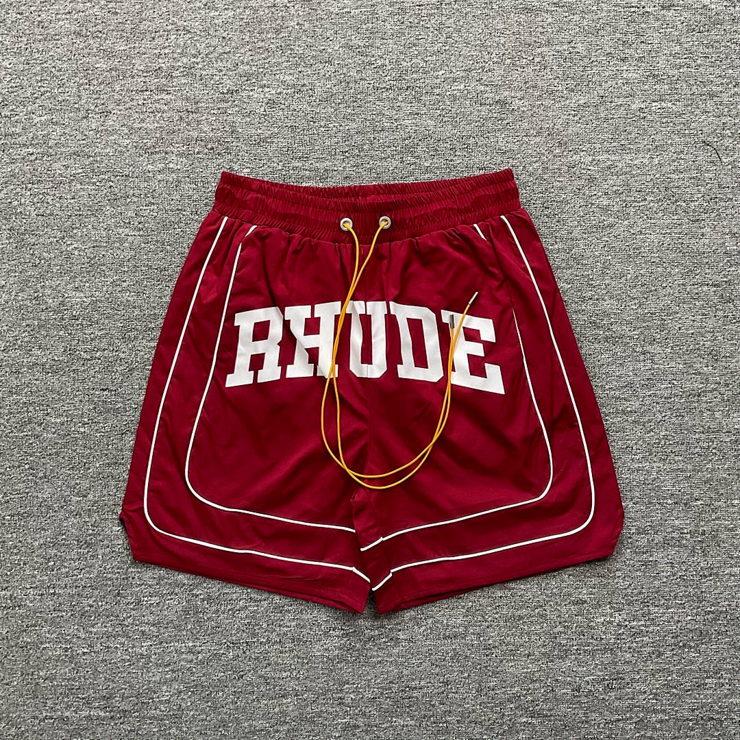 Rhude Red Varsity Stripe Nylon Shorts
