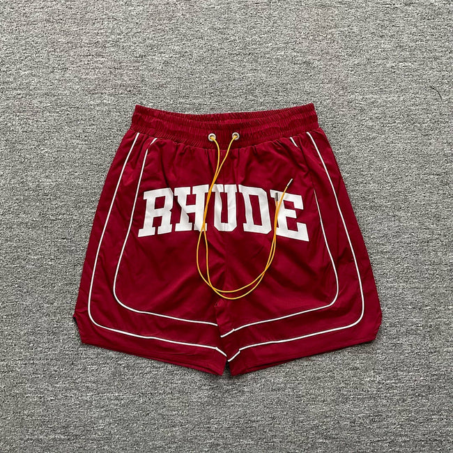 Rhude Red Varsity Stripe Nylon Shorts Hover Image