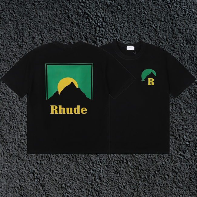 Rhude Sun Mountain Dual Sided Front Chest Back Panel Black Oversized T‑Shirt Hover Image