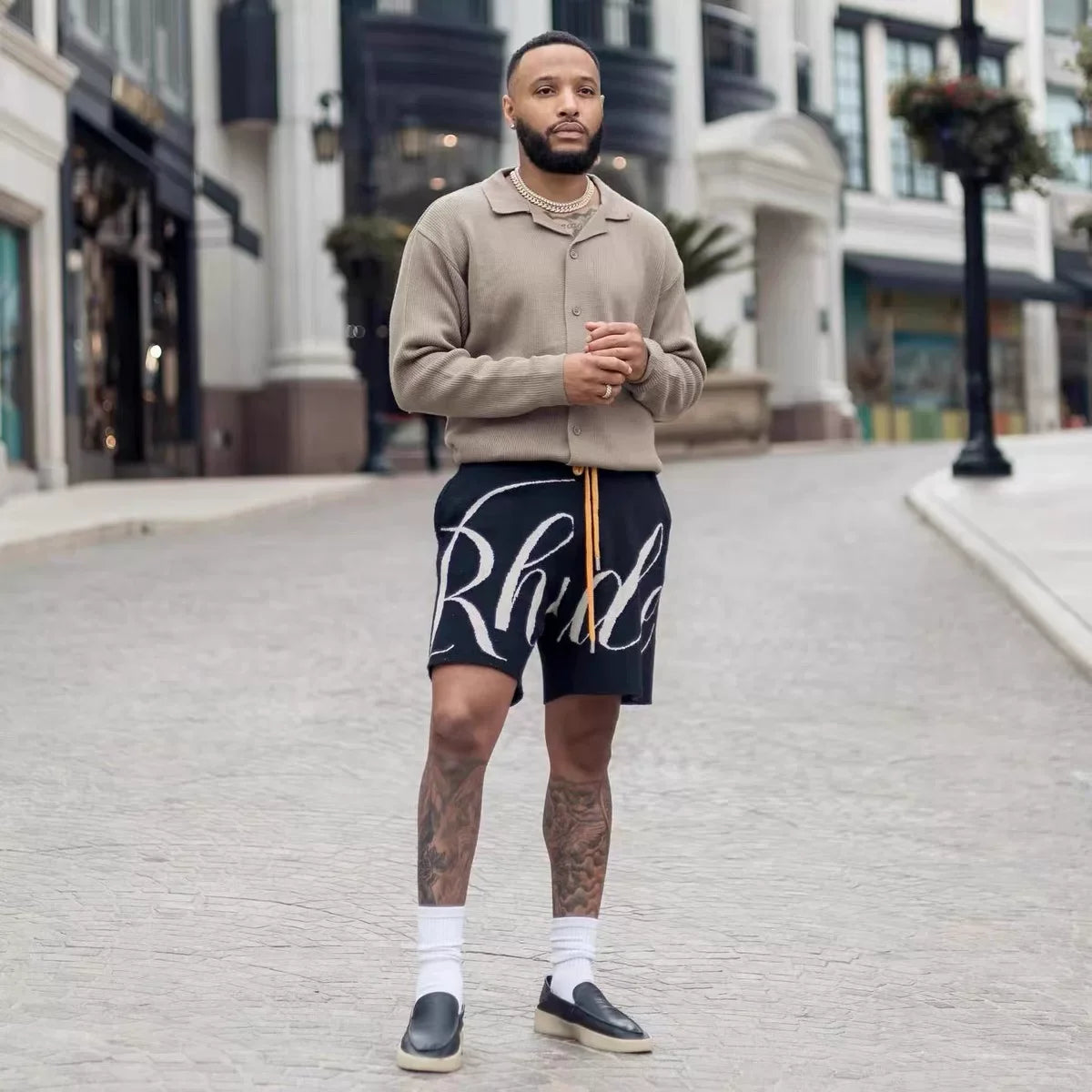 RHUDE niche American high street fashion brand summer letter big logo jacquard loose knitted yarn five quarter shorts